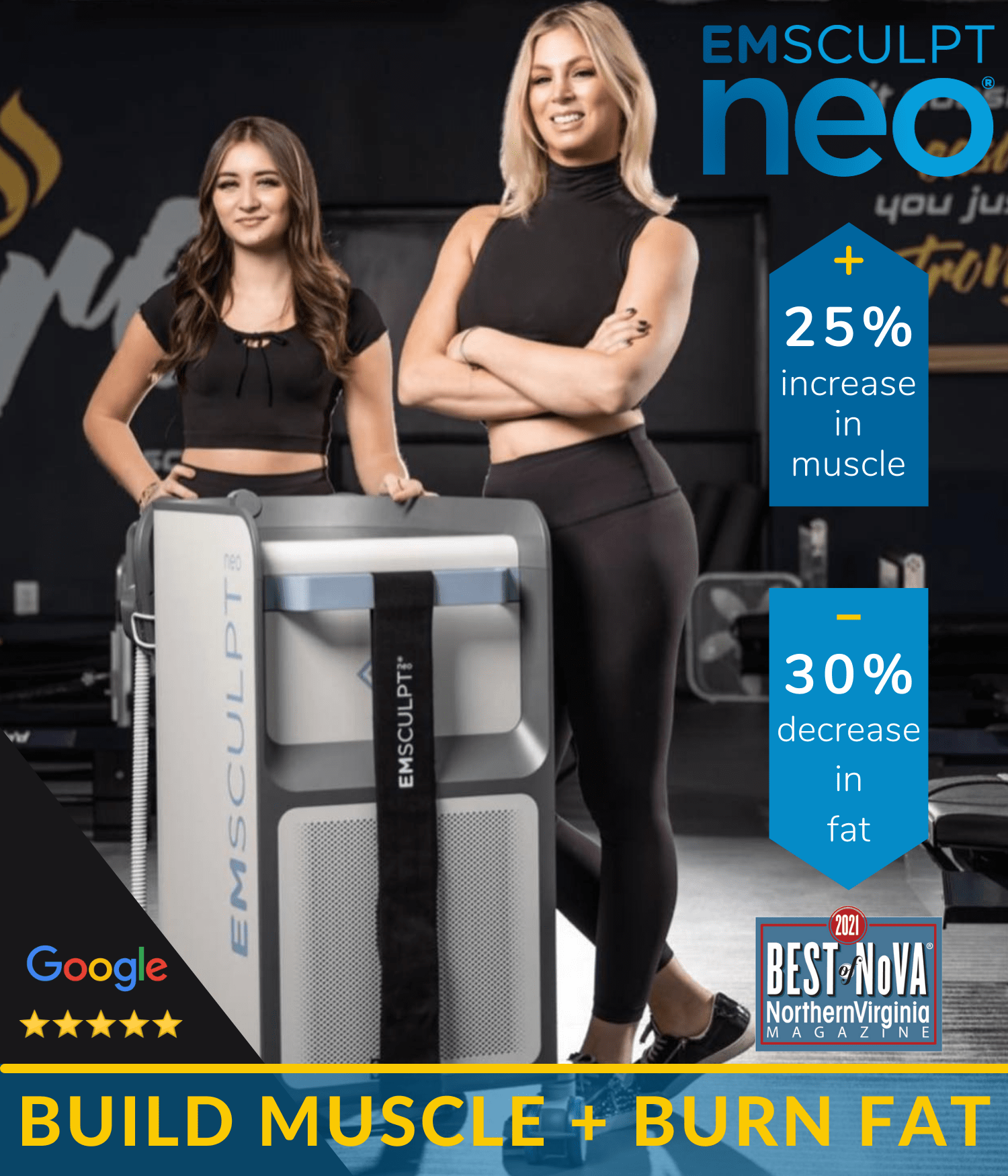 fitness women with perfect body promoting a Emsculpt NEO treatment